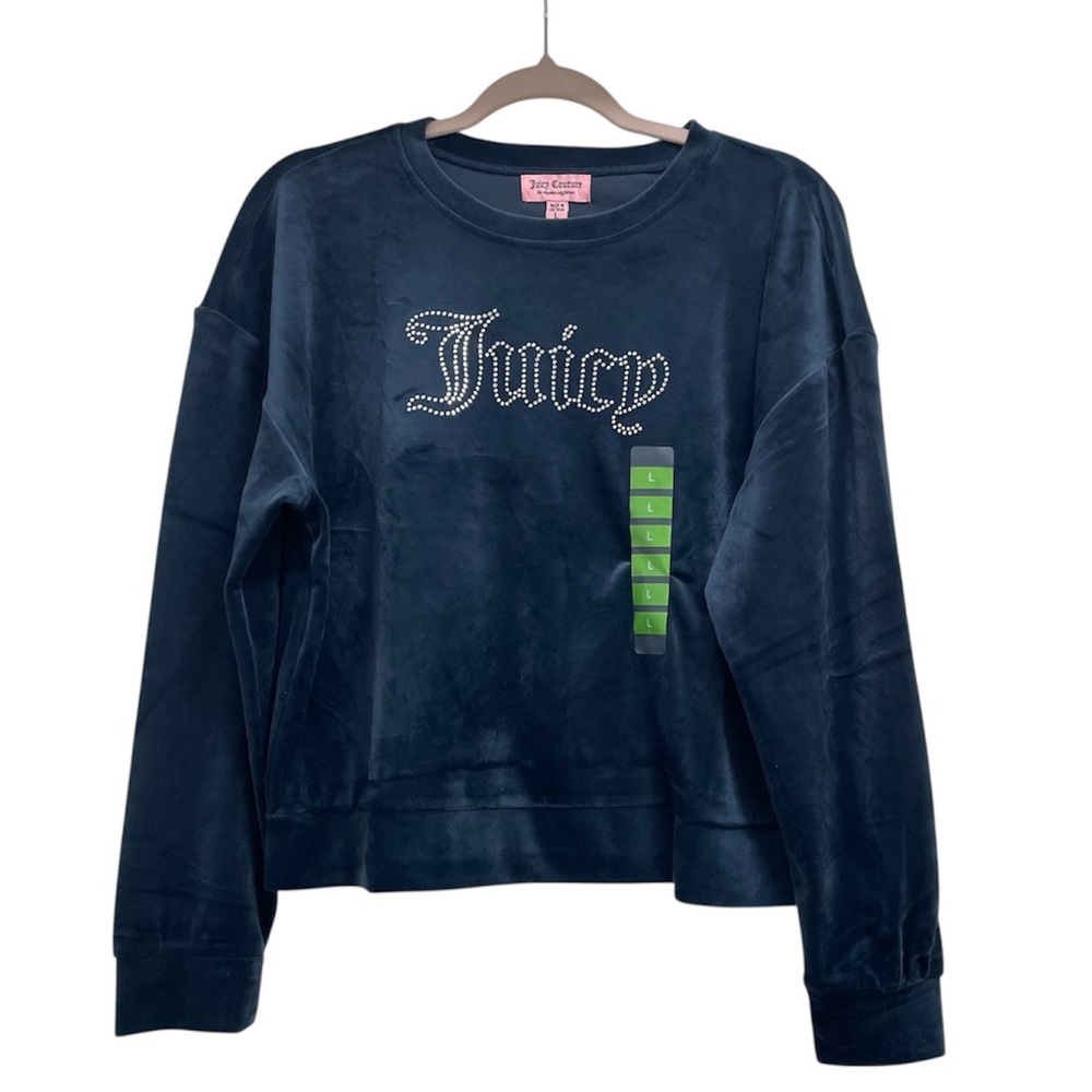 Juicy Couture Navy Blue Velour “Juicy” Rhinestone Crew Neck NWT Size L